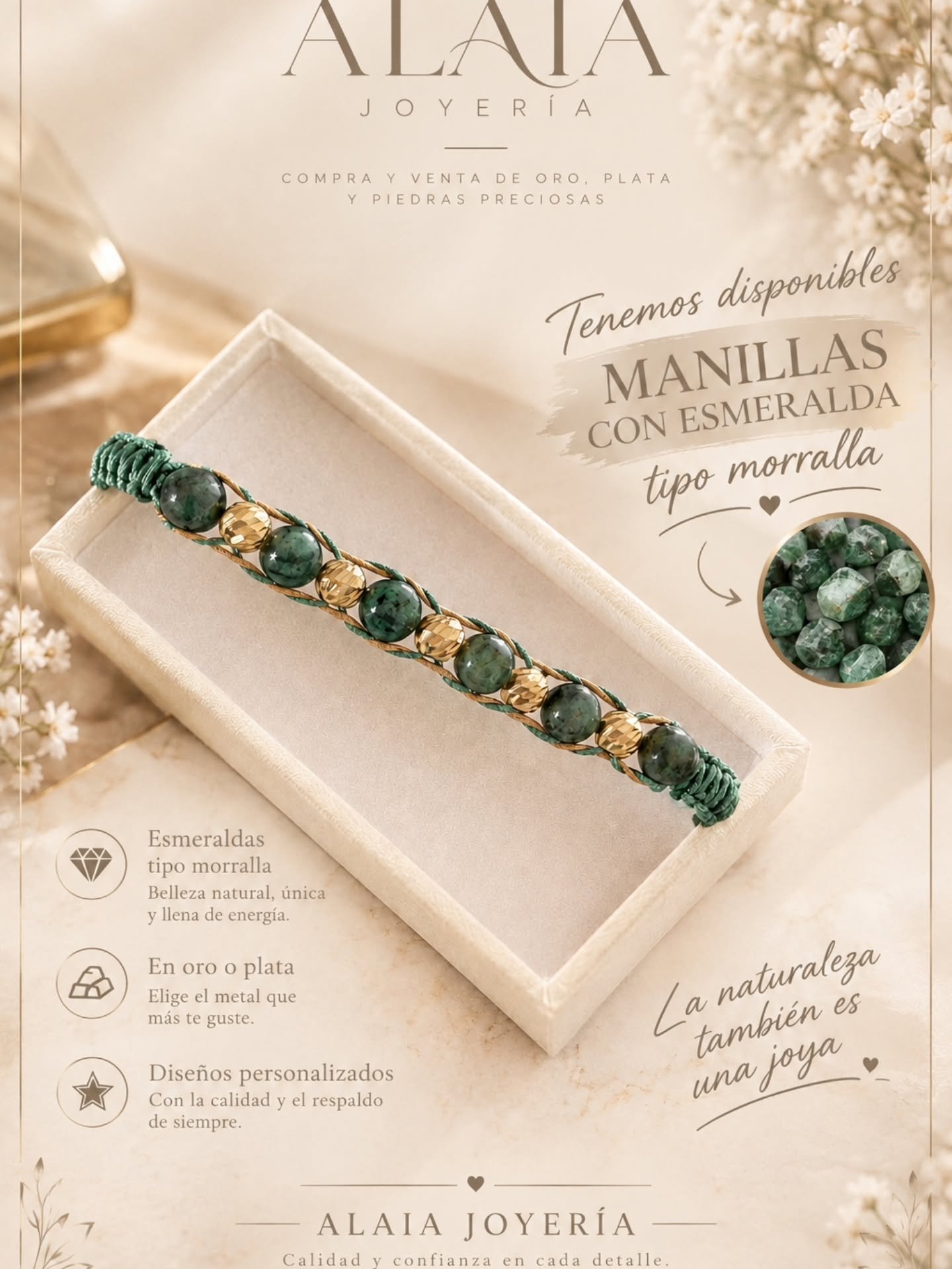 Manilla artesanal con piedras de esmeralda